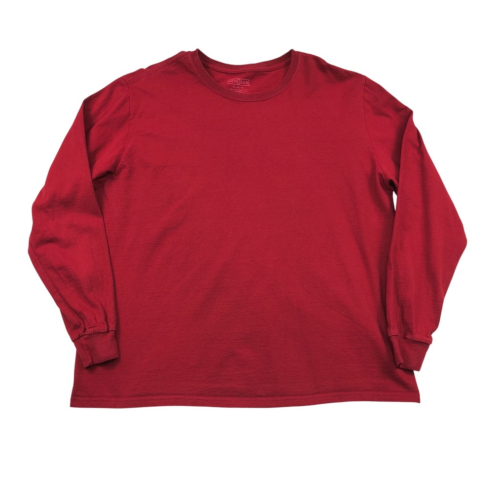 Jerzees Mens XL Long Sleeve T-Shirt Red 100% Cotton Solid Crew Neck Basic 598